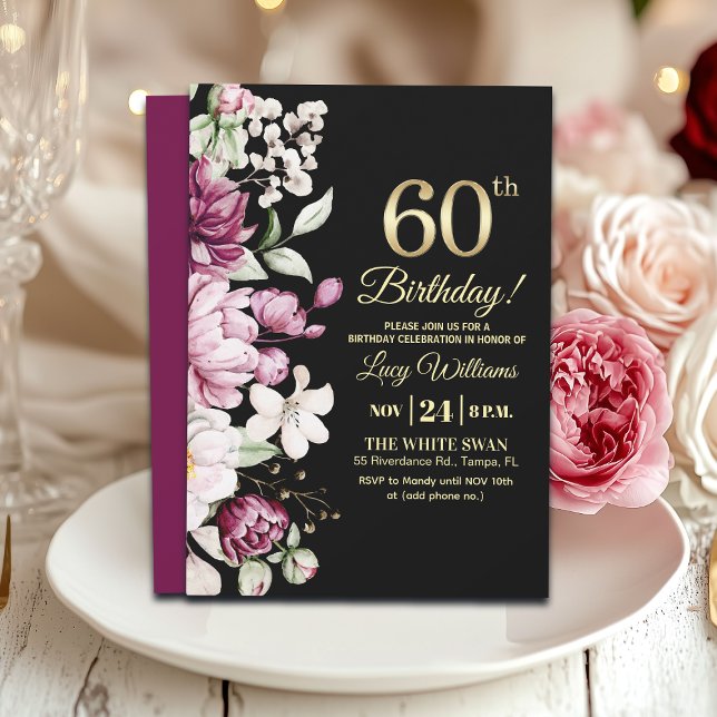 Invitation Elegant Floral Gold 60 Birthday Party (Créateur téléchargé)