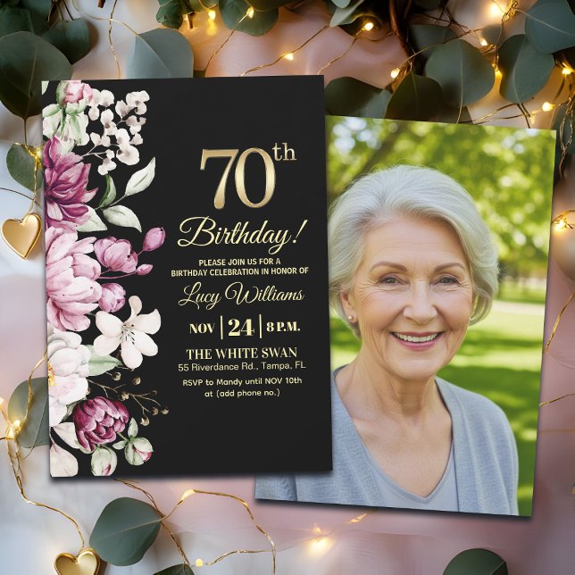 Invitation Elegant Floral Gold 70 Birthday Photo (Créateur téléchargé)