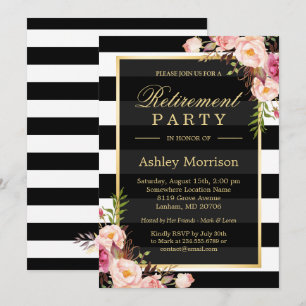Invitation Élégant Floral Gold Black Stripes Parti de retrait