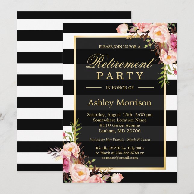 Invitation Élégant Floral Gold Black Stripes Parti de retrait (Devant / Derrière)