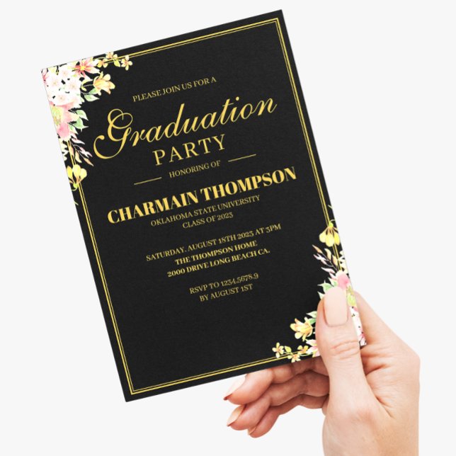 Invitation Elégant Floral Gold Bordure Formal Black Graduatio (Créateur téléchargé)