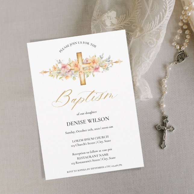 Invitation Elégant Floral Gold Cross Christening Baptism (Créateur téléchargé)