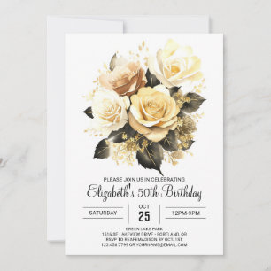 Invitation Elégant Floral Gold et Black 50e anniversaire