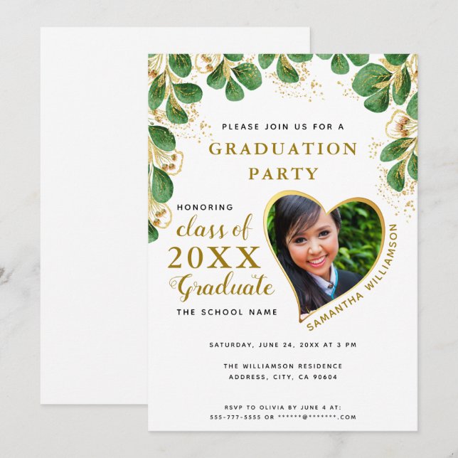 Invitation Élégant Floral Greenery Classe de 2025 Graduation (Devant / Derrière)