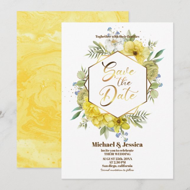 Invitation Elégant Floral Jaune Aquarelle Rose Mariage (Devant / Derrière)