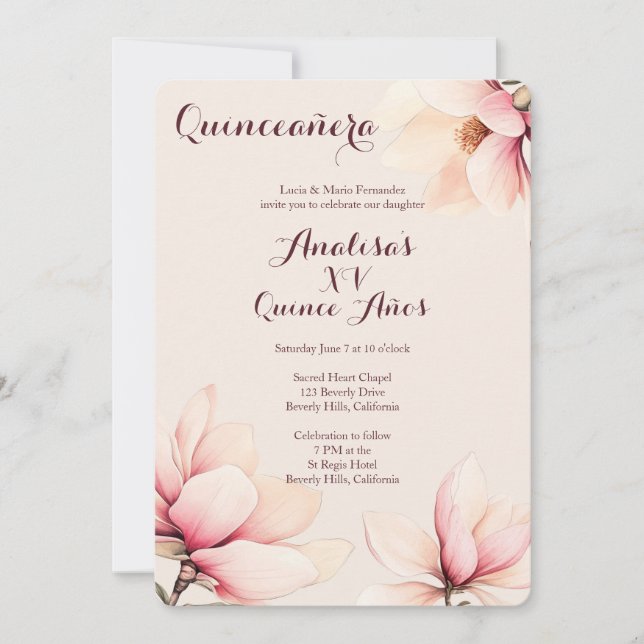Invitation Elégant floral Magnolia Quinceañera PERSONNALISÉ (Devant)