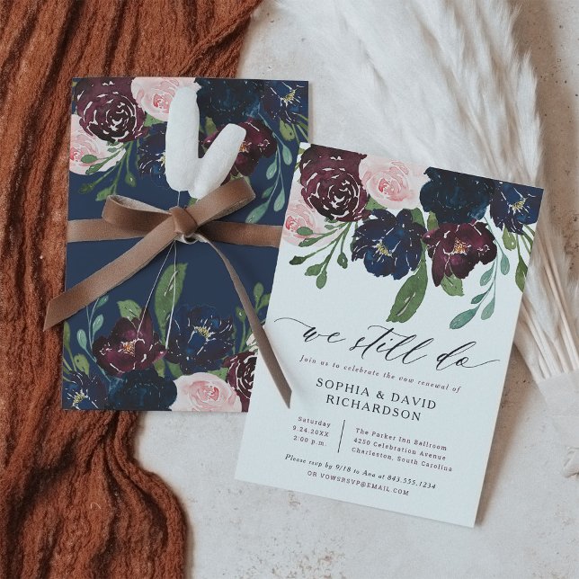 Invitation Élégant floral marine et prune | Renouvellement de (A lovely and elegant floral wedding vow renewal invitation, in navy blue and plum with modern script)