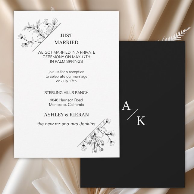 Invitation Élégant Floral moderne noir et blanc juste marié (Créateur téléchargé)