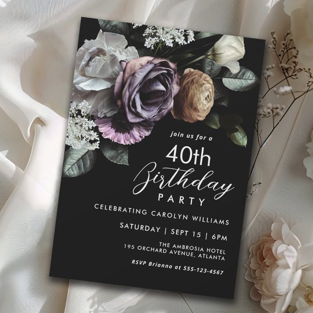 Invitation Élégant Floral noir et pourpre 40e anniversaire (Available in both printed and instant download digital formats.)