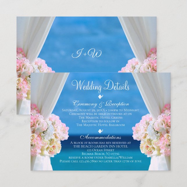 Invitation Elégant Floral Ocean Beach Détails de mariage (Devant / Derrière)