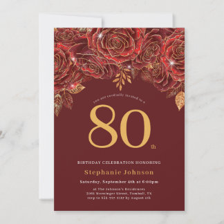 Invitation Élégant Floral Or Bourgogne 80e Anniversaire