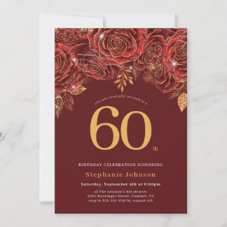 Invitation Elégant Floral Or Bourguignon 60e Anniversaire