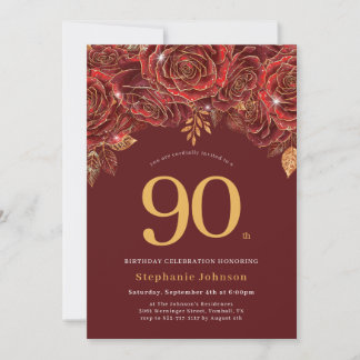 Invitation Elégant Floral Or Burgundy 90e Anniversaire