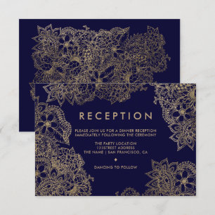 Invitation Elégant Floral or marine bleu de réception mariage