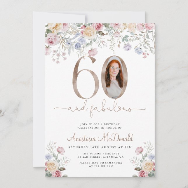 Invitation Elegant Floral Photo 60th Birthday (Devant)