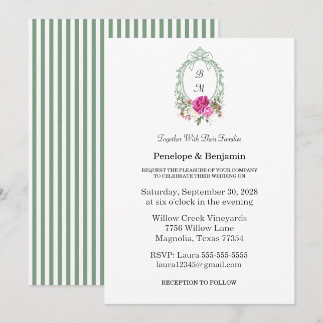Invitation Elegant Floral Pink Peony Monogram Wedding (Devant / Derrière)
