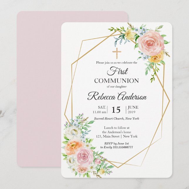 Invitation Élégant floral Première communion Événement religi (Devant / Derrière)