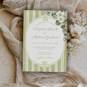 Invitation Élégant floral rayé vert mariage