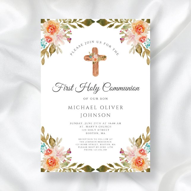 Invitation Elégant Floral Religieux Croix Première Communion (Elegant Floral Religious Cross First Communion Invitation)