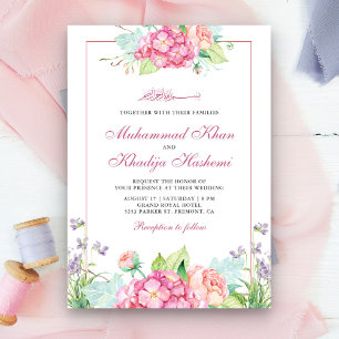 Invitation Élégant floral rose aquarelle mariage musulman