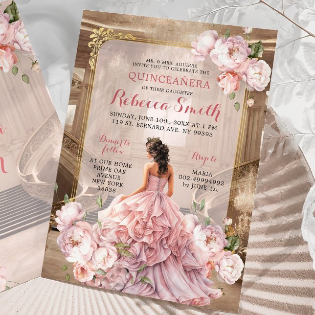 Invitation Elégant floral rose palais royal grand Quinceañera (Créateur téléchargé)