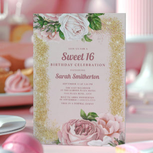 Invitation Élégant floral rose pastel pailleté or Sweet 16