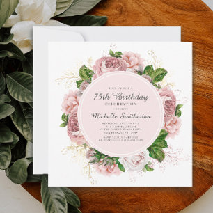 Invitation Elégant floral rose poudré vintage pour 75e annive