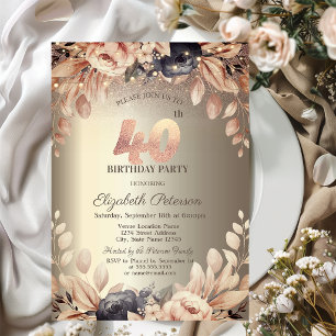 Invitation Élégant Floral, String Lights 40e anniversaire