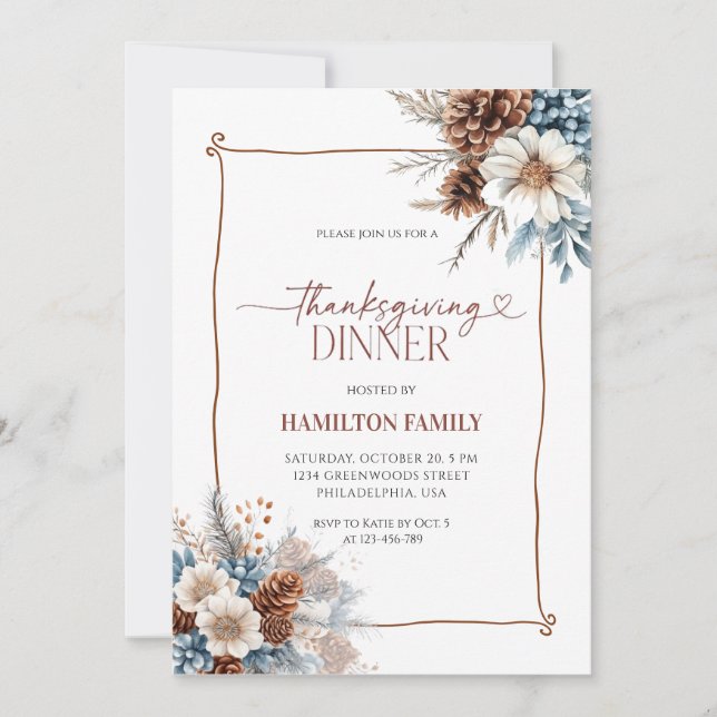 Invitation Elegant Floral Thanksgiving Dinner party (Devant)