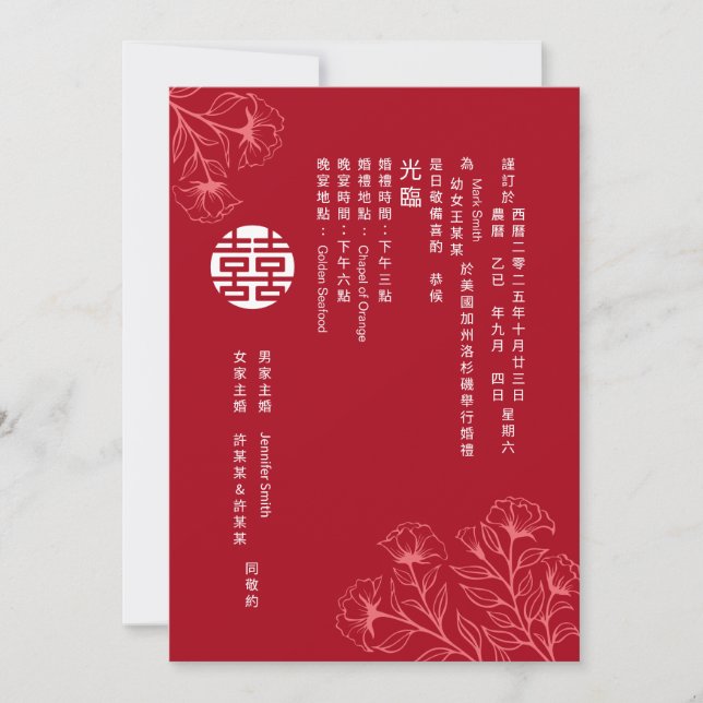 Invitation Élégant Floral traditionnel Mariage chinois (Ch.)  (Devant)