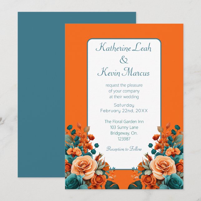 Invitation Élégant floral Turquoise et orange (Devant / Derrière)