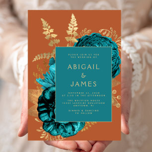 Invitation Élégant Floral Turquoise rouille or Mariage