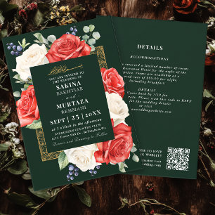 Invitation Élégant Floral Vert Musulman Mariage QR Code