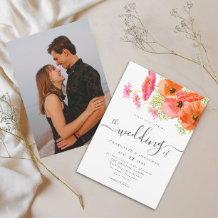 Invitation Élégant floral vibrant rose orange photo mariage
