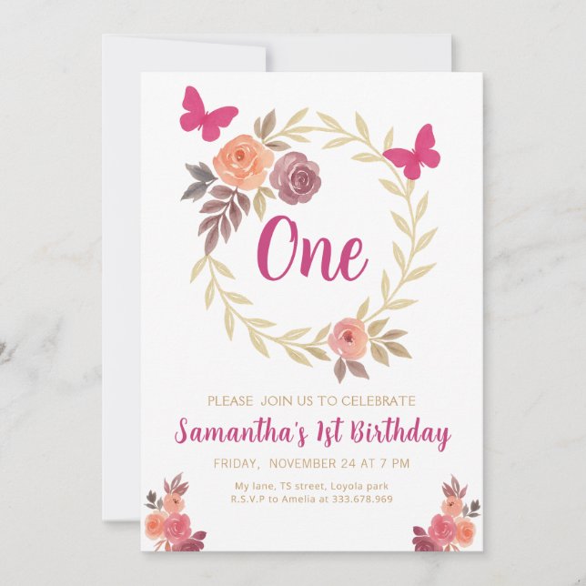 Invitation Elegant Floral  Watercolor 1st Birthday (Devant)