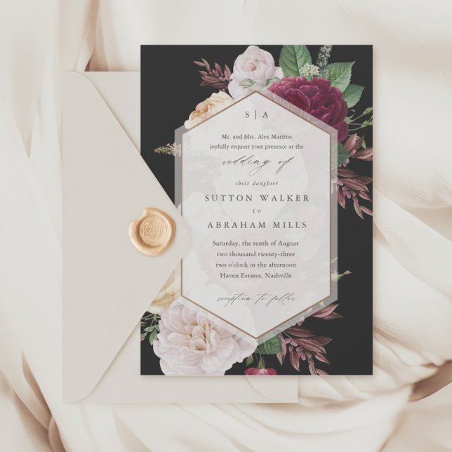 Invitation Elegant Floral Wedding (Vintage floral bouquet black wedding invitations.)