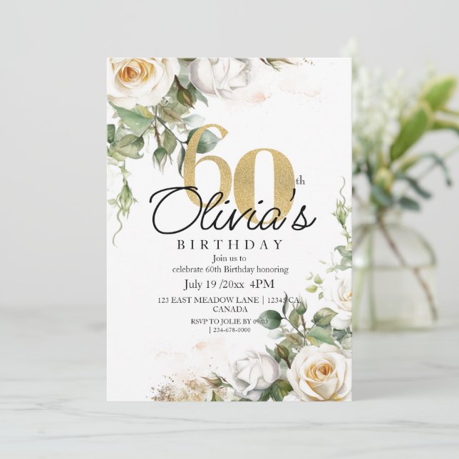 Invitation Elegant Floral White Roses Gold 60th Birthday (Debout devant)