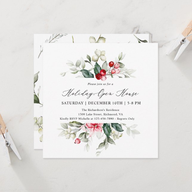 Invitation Elégant Floral Winter Berries Holiday Open House (Devant/Arrière en situation)