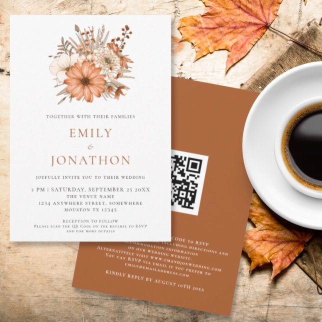 Invitation Élégant Floraux d'automne QR Code Mariage (Créateur téléchargé)