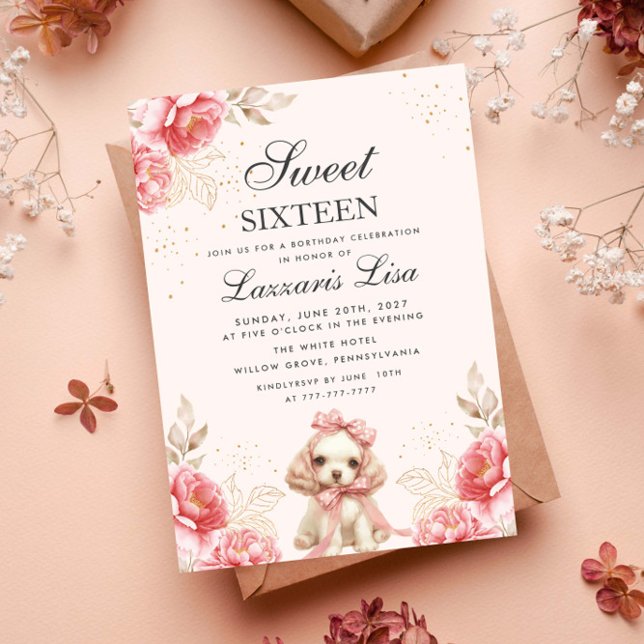Invitation Elegant Flowers Birthday Gold  Sweet Sixteen  (Créateur téléchargé)