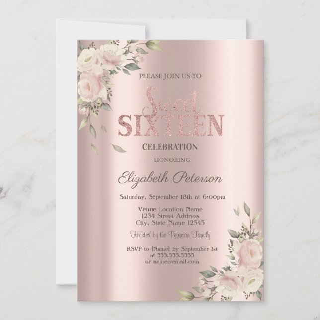 Invitation Elegant Flowers Rose Gold Sweet 16 Birthday (Devant)