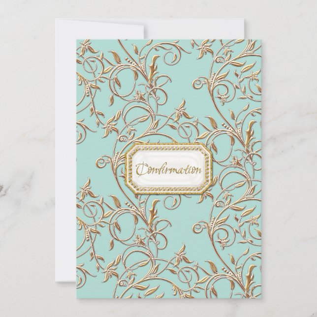 Invitation Elégant Foliage Gold Aqua Girl Cross Confirmation (Devant)
