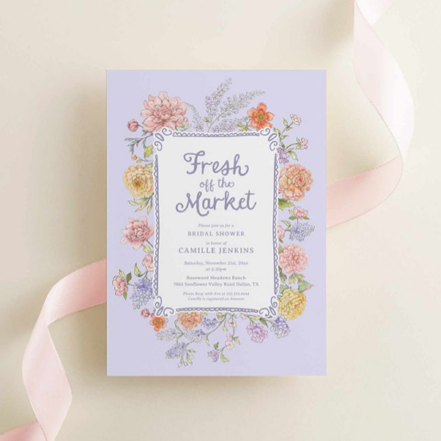 Invitation Elégant frais hors du marché Fête des mariées flor (Purple Fresh off the market bridal shower invitation)