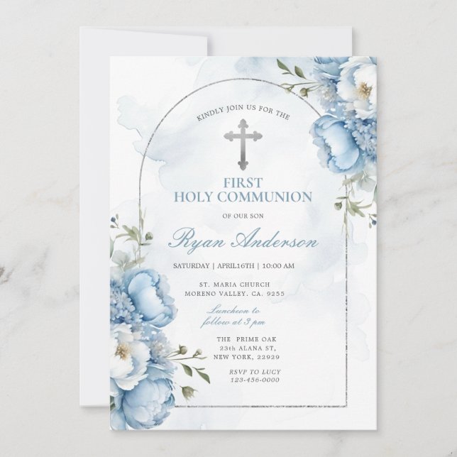 Invitation Elegant Frame Blue Floral First Holy Communion  (Devant)