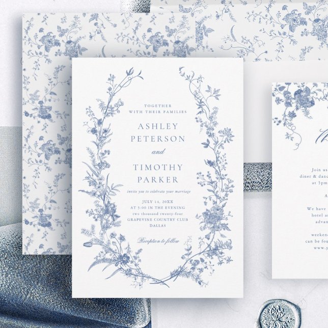 Invitation Élégant Français Vintage bleu Mariage floral (Créateur téléchargé)