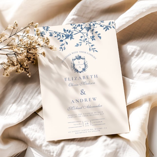 Invitation Élégant Français Vintage bleu Mariage floral (Créateur téléchargé)