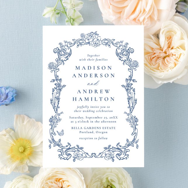 Invitation Elegant French Blue Victorian Floral Frame Wedding (Créateur téléchargé)
