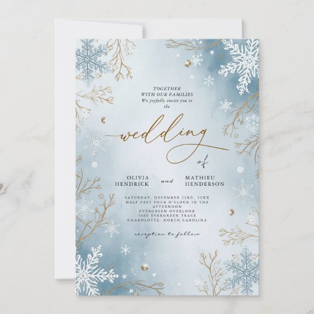 Invitation Elégant Frost Blue Winter Botanique Mariage (Devant)