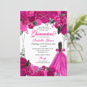 Invitation Elégant Fuchsia Pink Silver Floral Quinceanera Inv