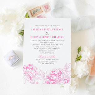 Invitation Élégant Fuchsia rose et gris Mariage de pivoine fl